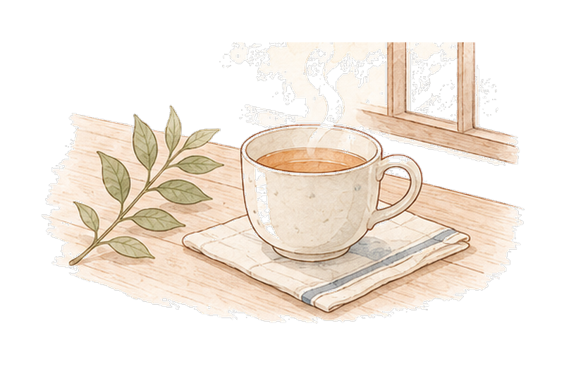 湯気の立つお茶と緑の葉のイラスト