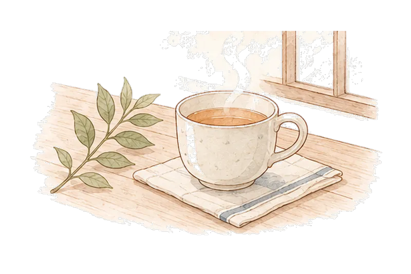 湯気の立つお茶と緑の葉のイラスト