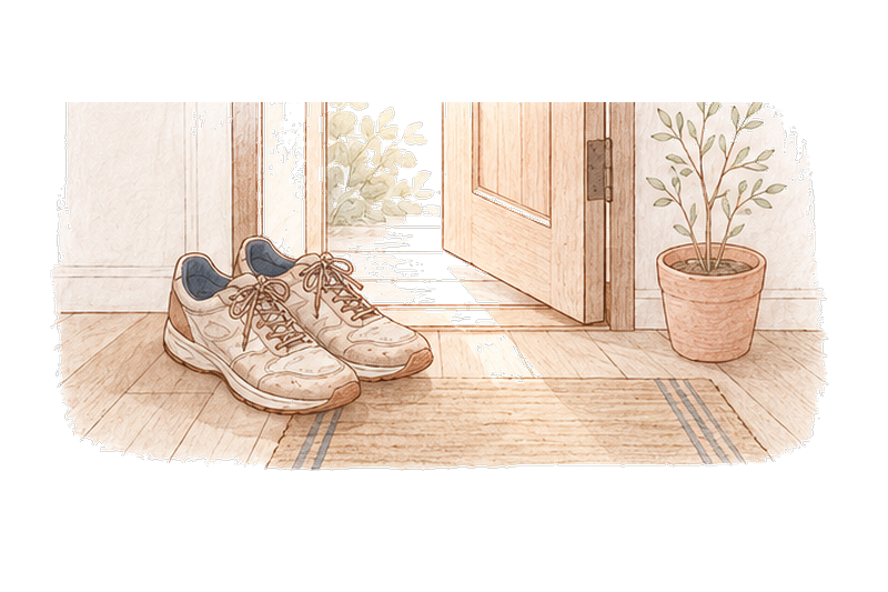 開いた玄関と外出用の靴のイラスト
