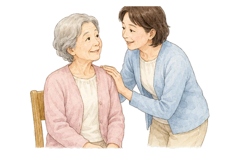 椅子に座る高齢の女性に、娘さんがそっと寄り添っているイラスト