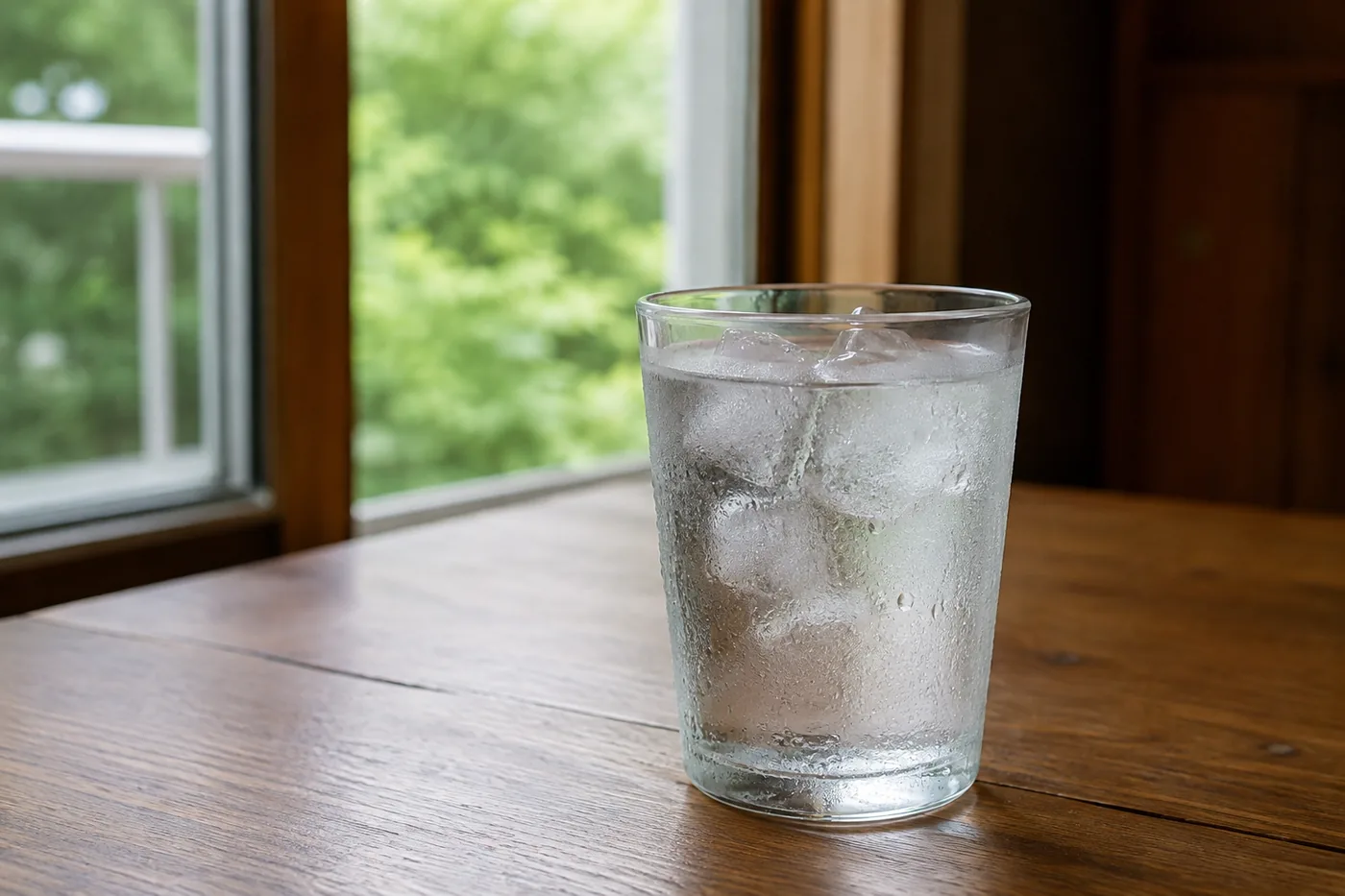 木のテーブルに置かれた、氷の入った冷たい飲み物のグラス