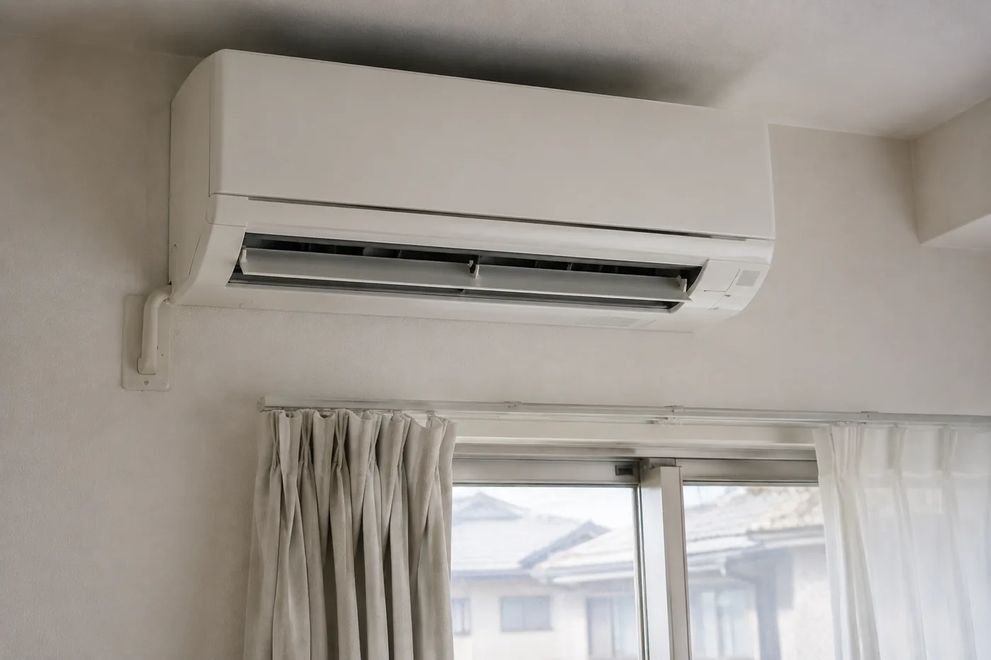 部屋の壁に取り付けられたエアコンと、その下の窓とカーテン