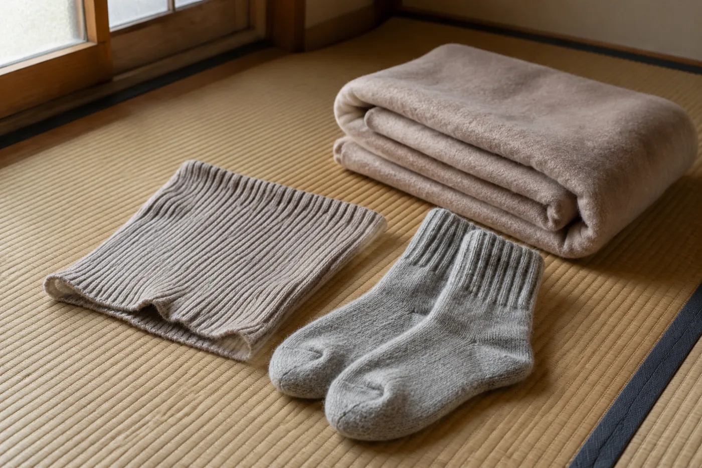 畳の上に置かれた腹巻きと靴下