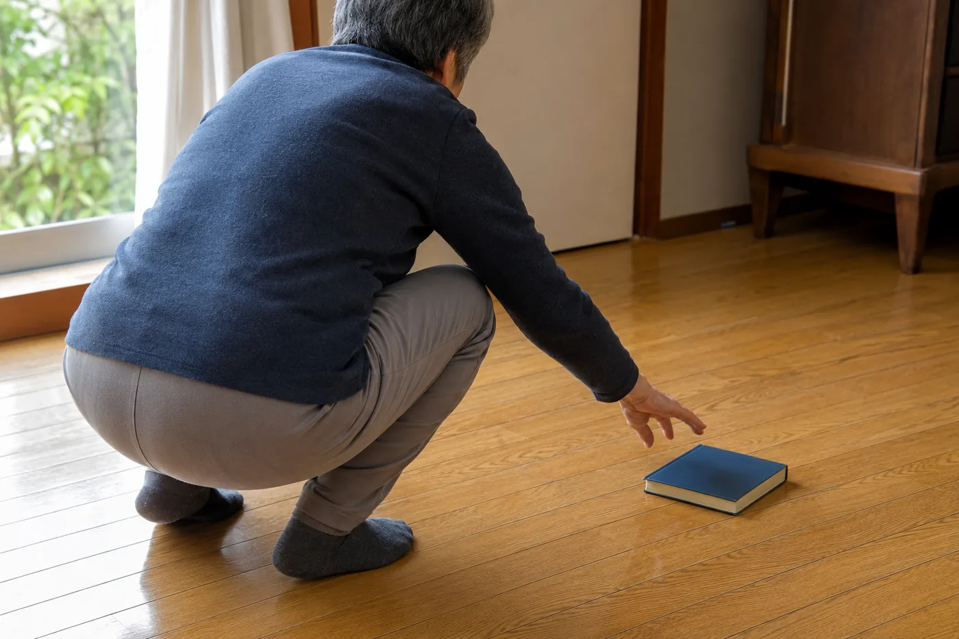 床に落ちた物を、ひざを曲げてしゃがんで拾う高齢の男性
