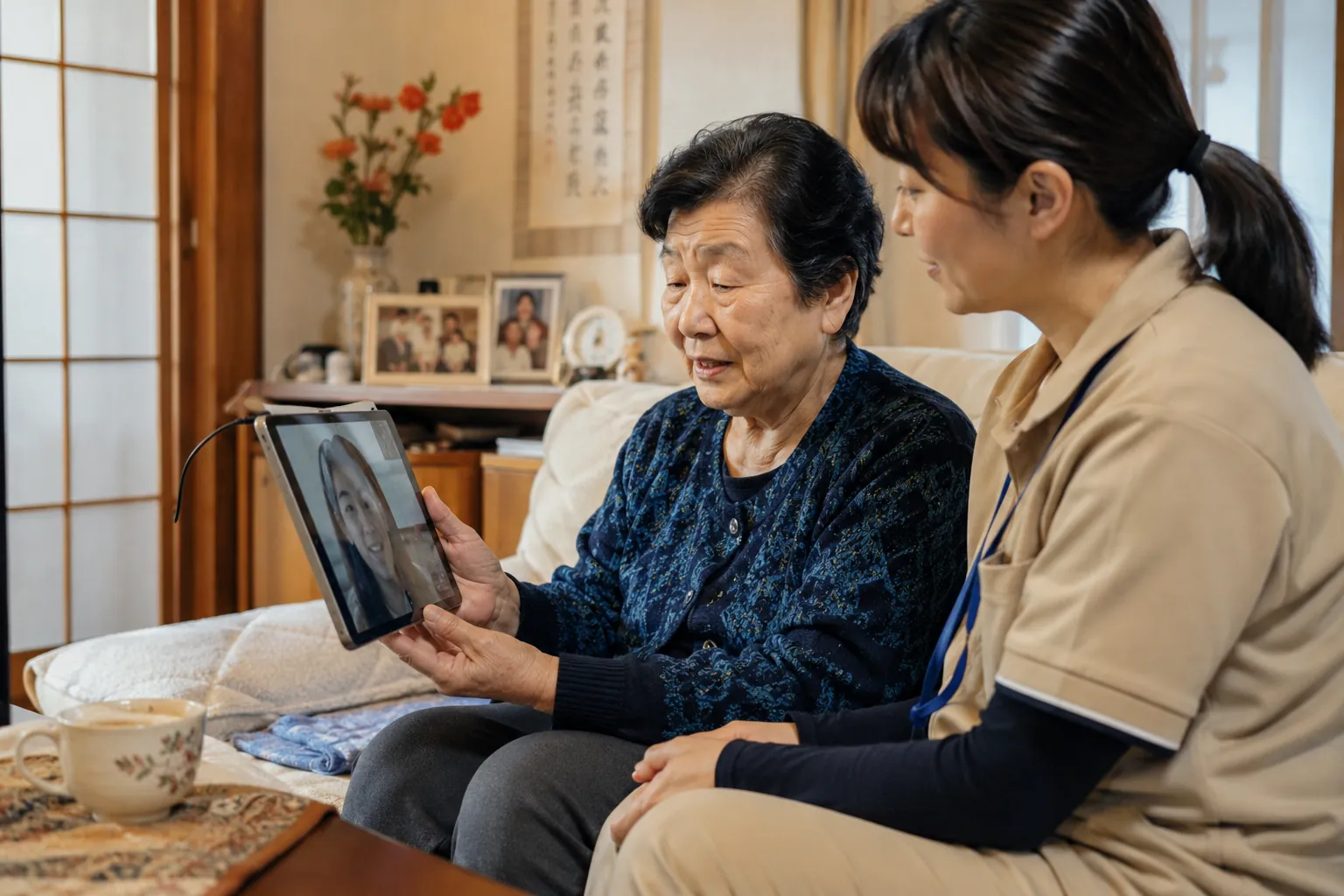 自宅でご家族と過ごす高齢の女性の様子