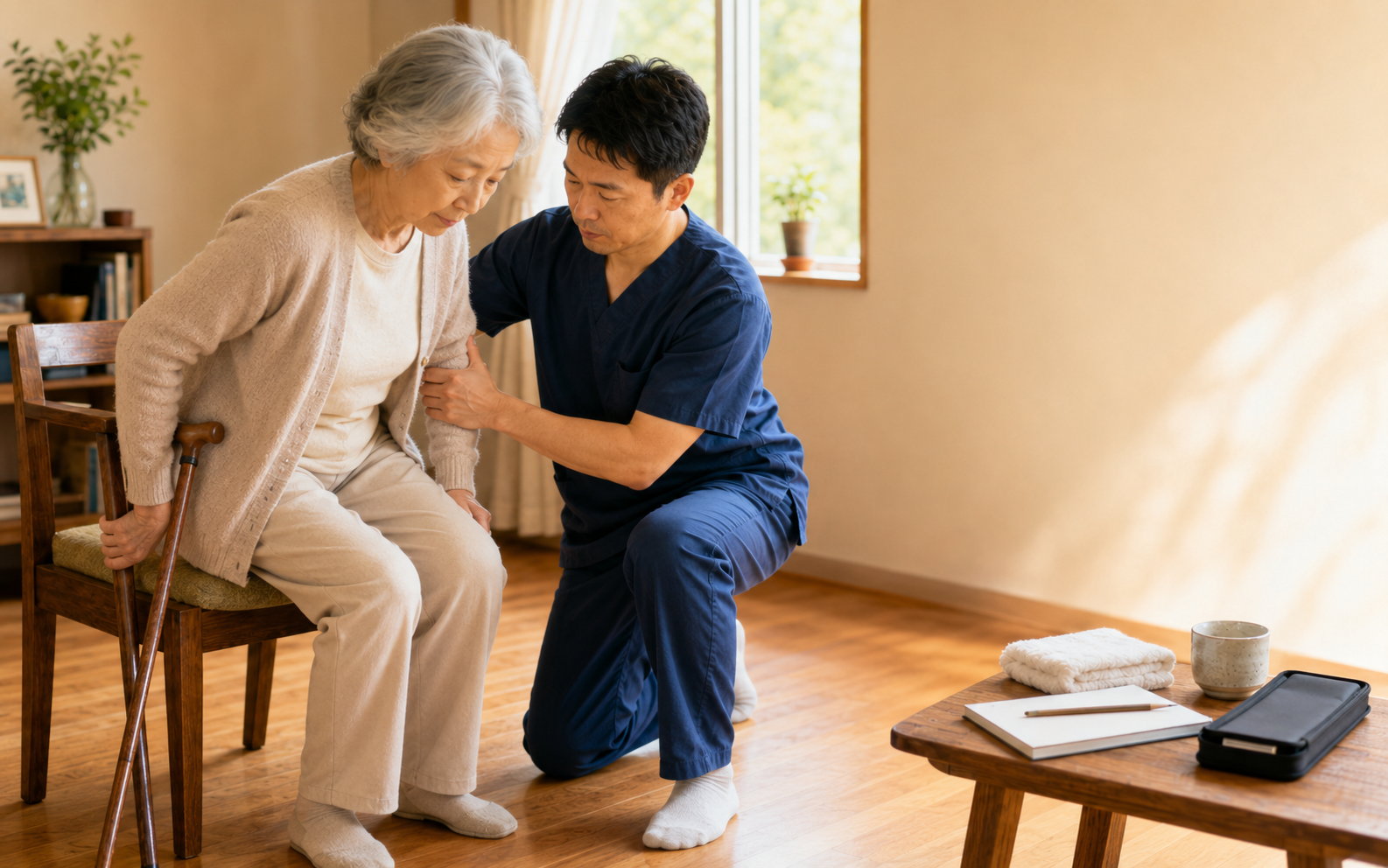転倒不安の患者様への立ち上がり訓練の様子