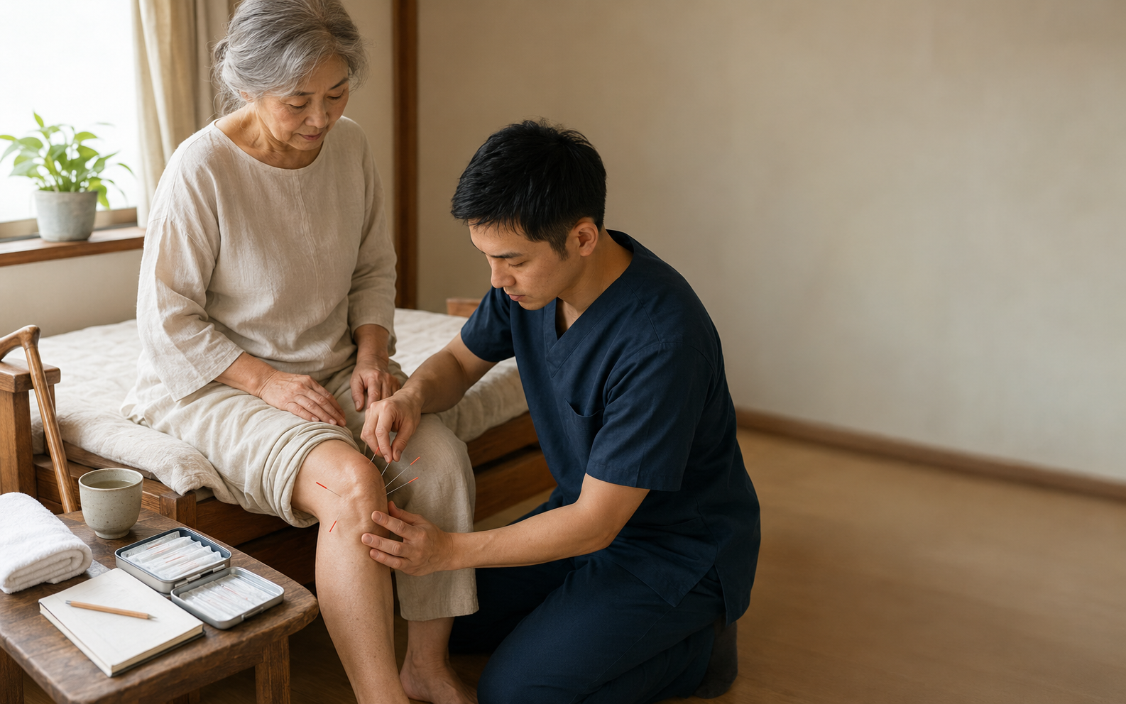 膝の痛みでお悩みの患者様への訪問鍼灸施術の様子