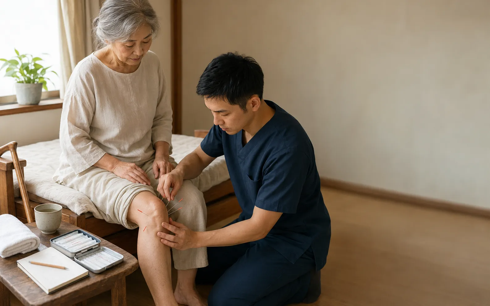 膝の痛みでお悩みの患者様への訪問鍼灸施術の様子