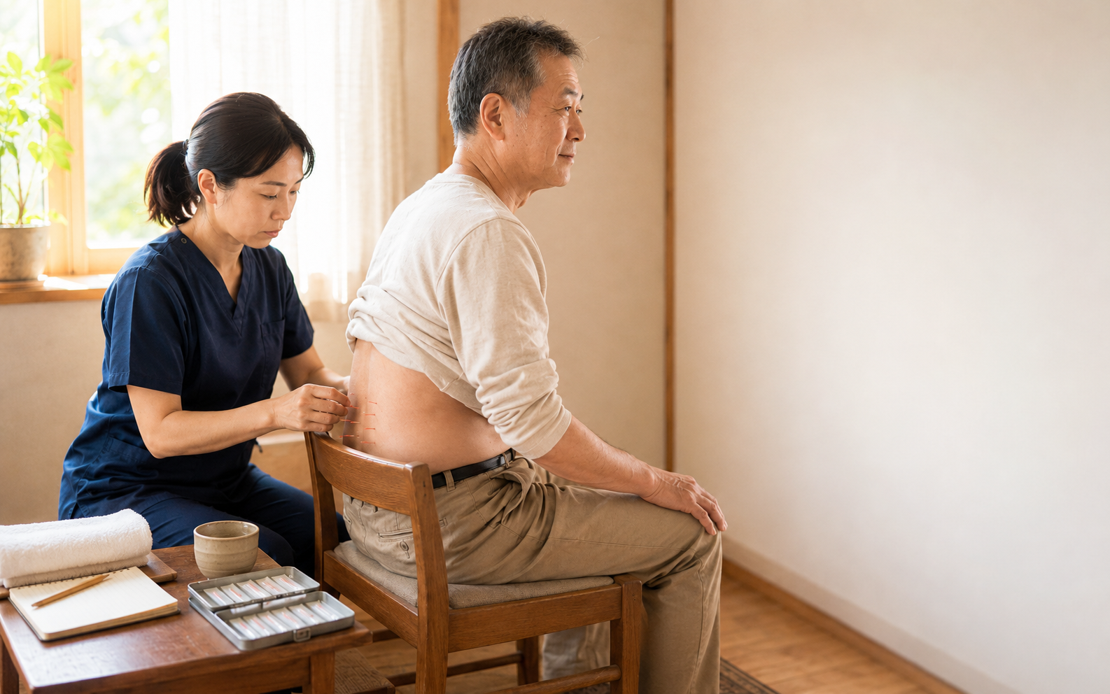 繰り返す腰痛にお悩みの患者様への訪問鍼灸施術の様子