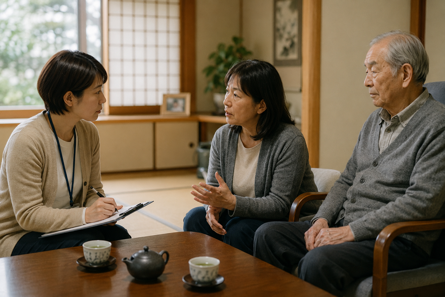 ご家族とケアマネジャーが介護について相談している様子