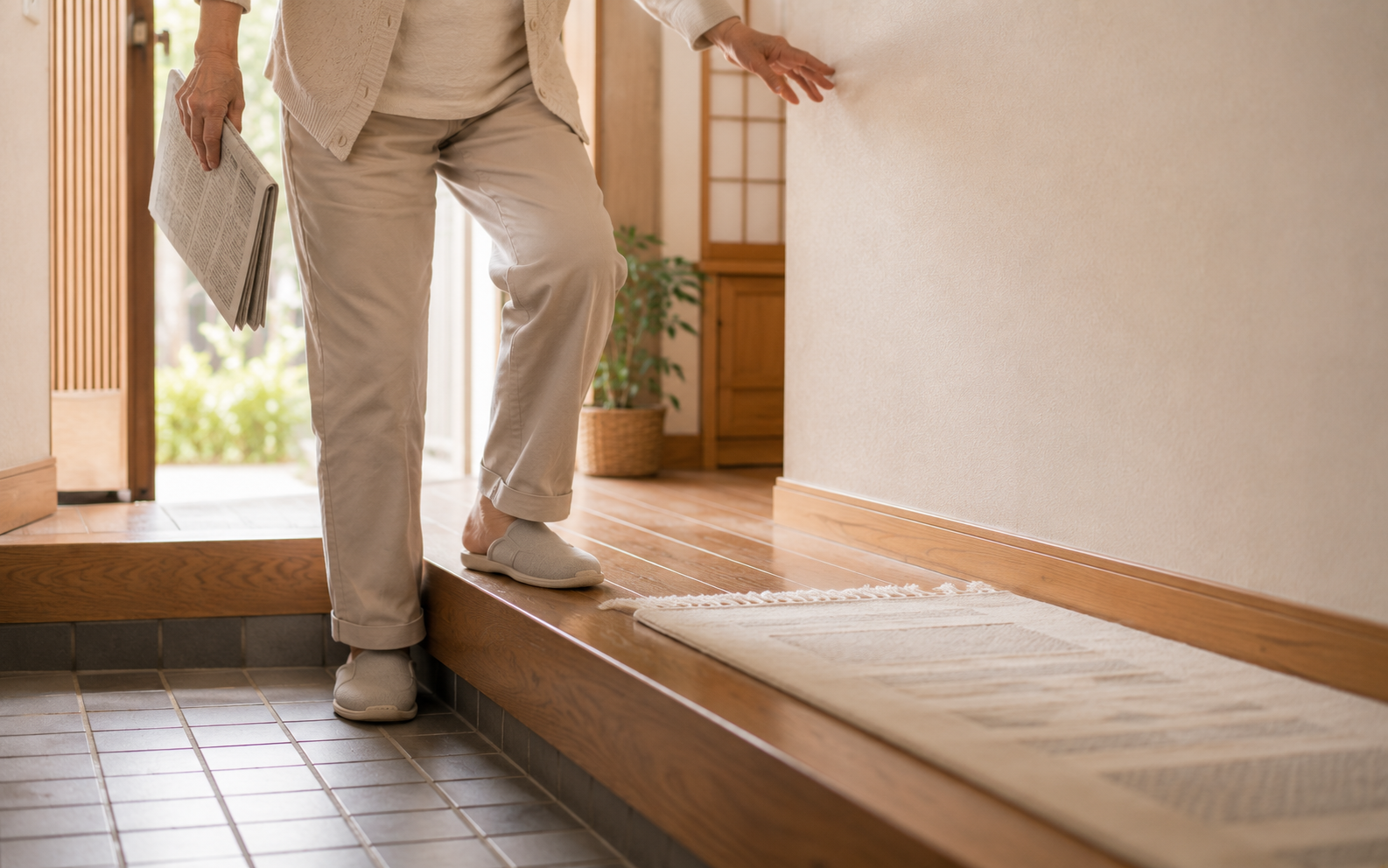 新聞を手に玄関の上がり框へ足をかける足元