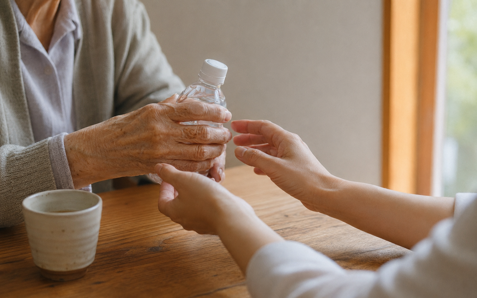 ペットボトルの蓋を開けてもらうために手渡す手元