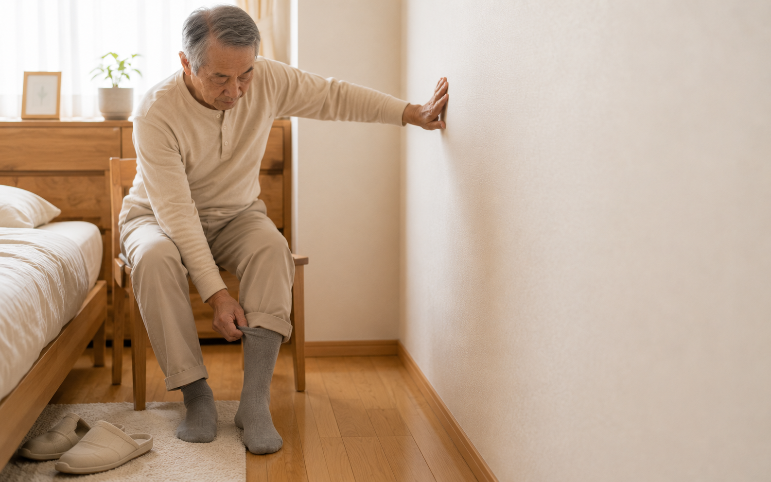 壁に手をつきながら靴下を履く様子