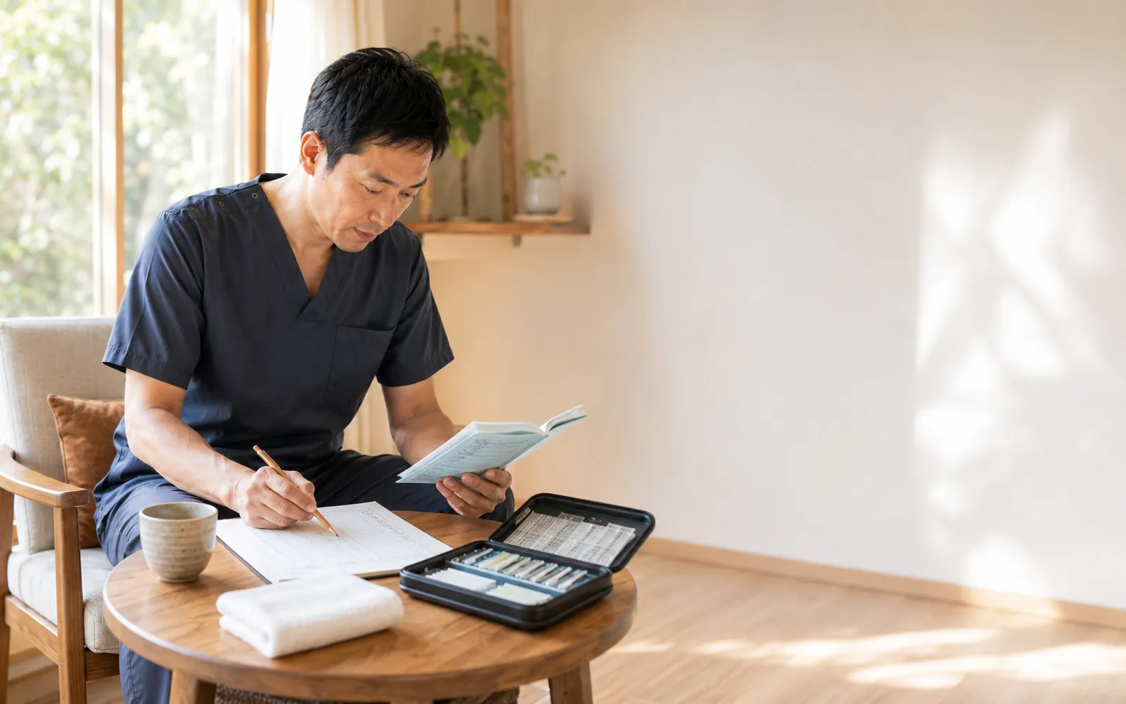 お薬手帳を確認しながら施術計画を立てる訪問鍼灸師