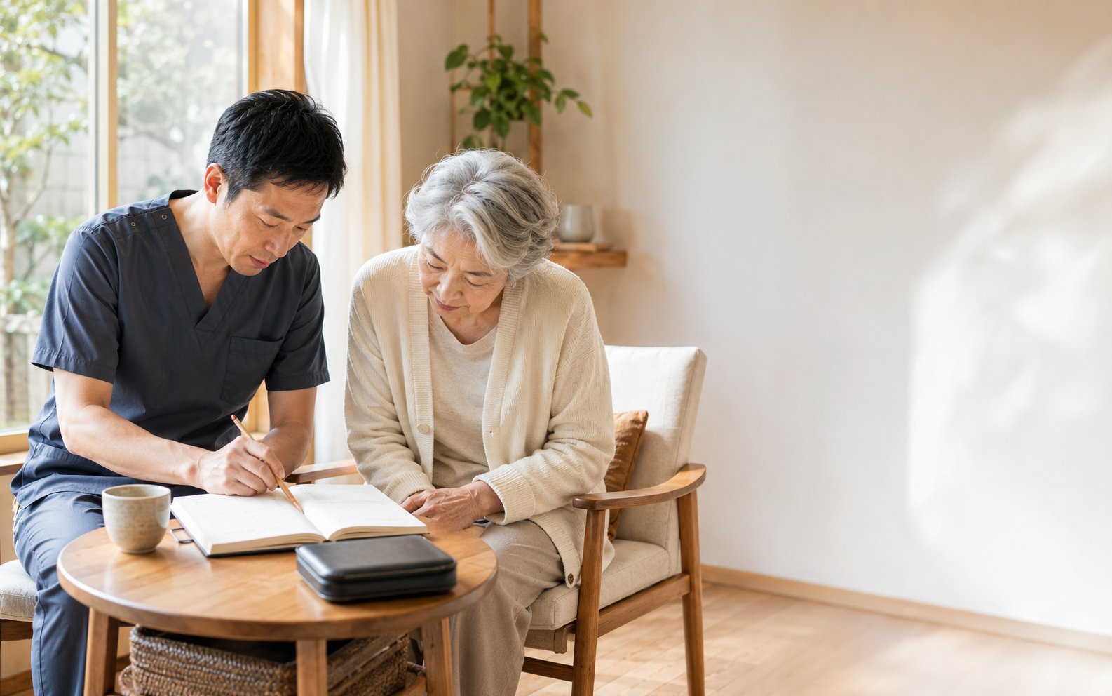 施術後に利用者様と施術記録を一緒に確認する様子