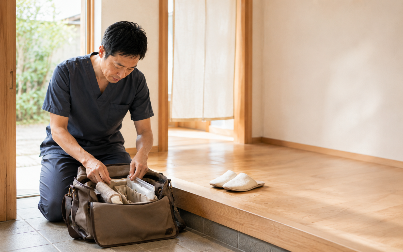 訪問鍼灸師が玄関先で訪問鞄を開く様子
