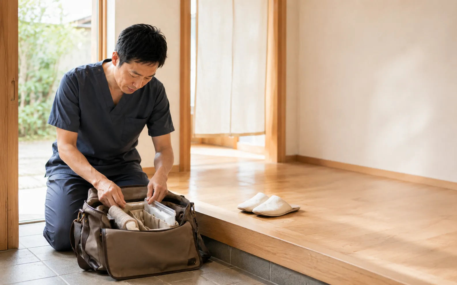 訪問鍼灸師が玄関先で訪問鞄を開く様子