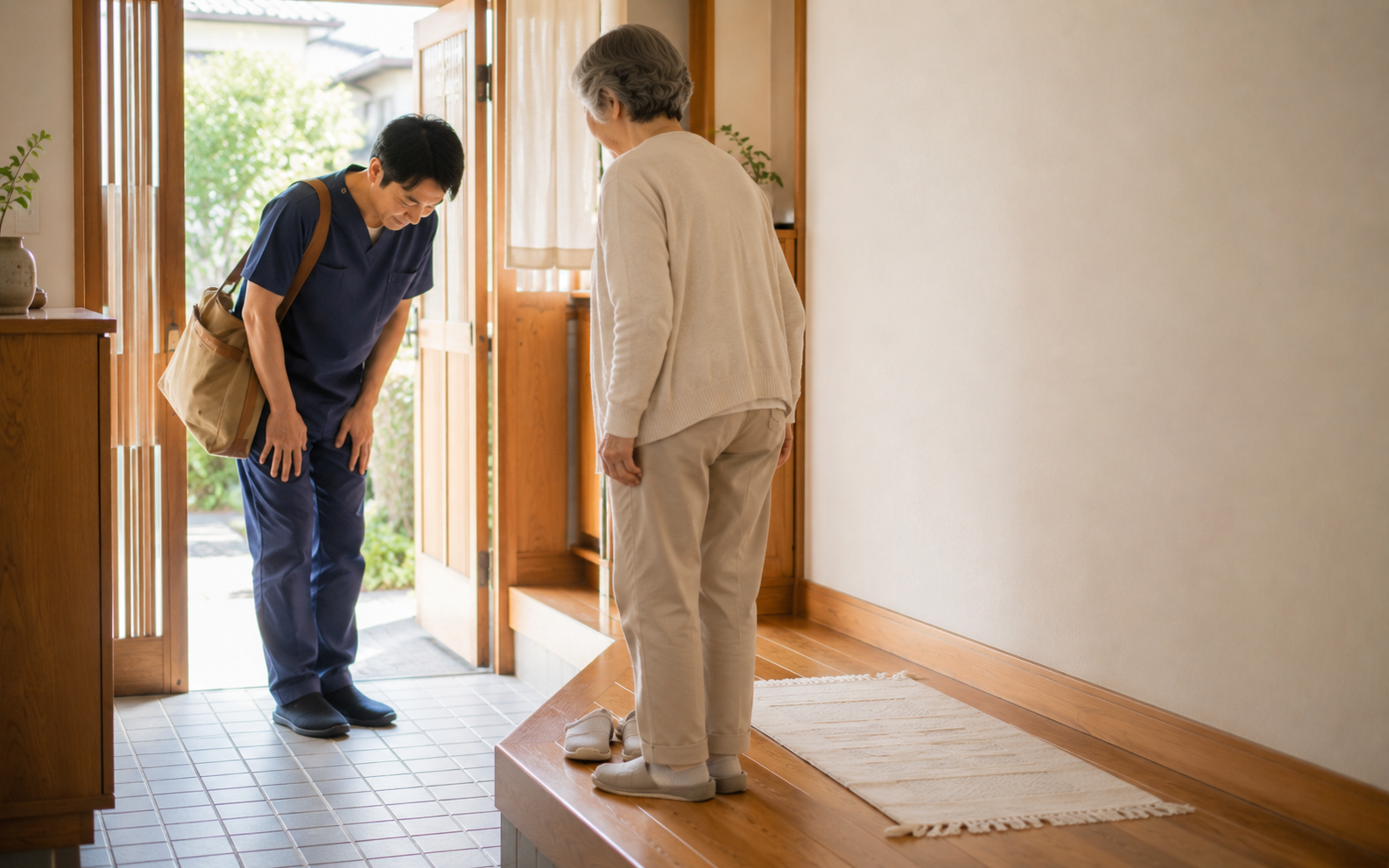 玄関先で出迎えを受ける訪問鍼灸師